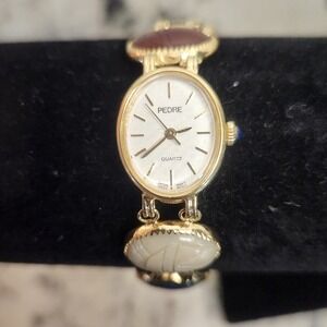 Rare Vintage Gold Tone Scarab Watch – Carved Multi-Tone Stone Band